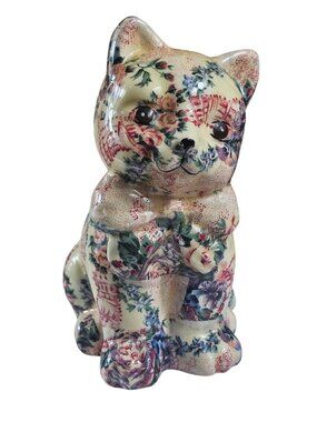 Decoupage Glazed Kitty Cat Ceramic Figurine Country Floral Fabric 7x6" Vintage